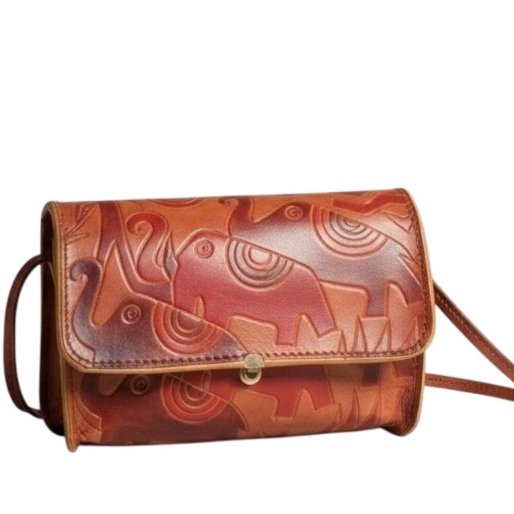 Tooled Leather Elephant Crossbody Bag Brown Embossed Artisan Boho